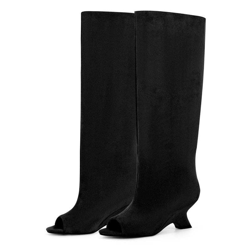 Peep Toe Suede Shaped Heel Knee High Boots