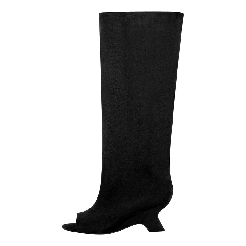 Peep Toe Suede Shaped Heel Knee High Boots