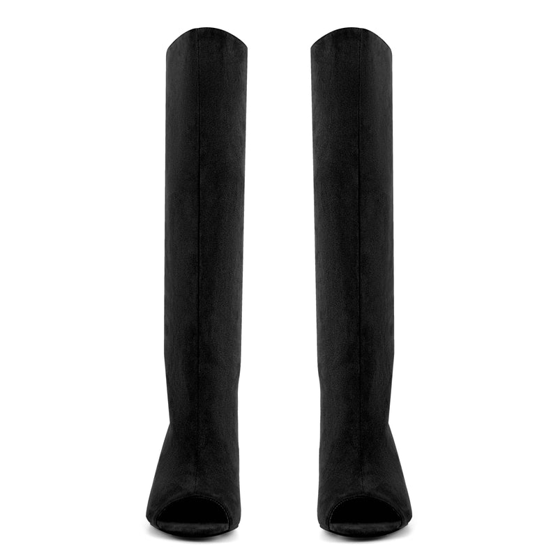 Peep Toe Suede Shaped Heel Knee High Boots
