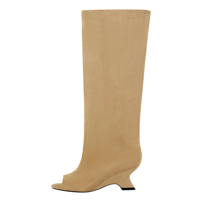 Peep Toe Suede Shaped Heel Knee High Boots