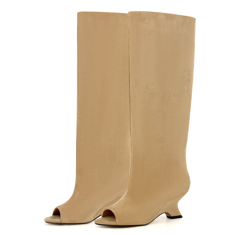 Peep Toe Suede Shaped Heel Knee High Boots