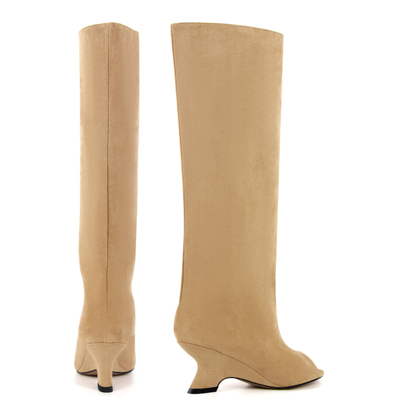 Peep Toe Suede Shaped Heel Knee High Boots