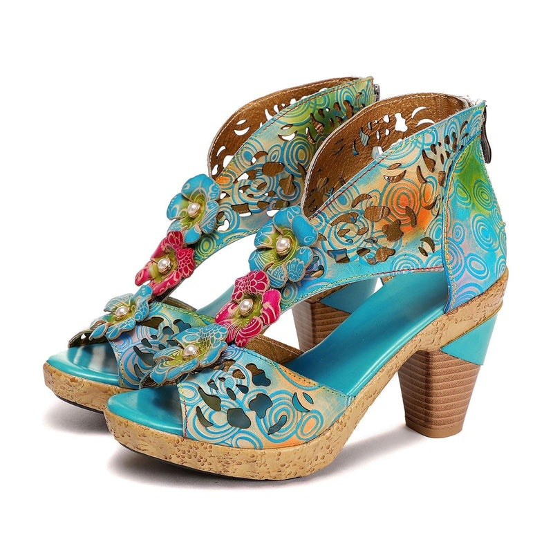 Handmade Peep Toe Hollow High Heel Sandals (Freya) + Floral