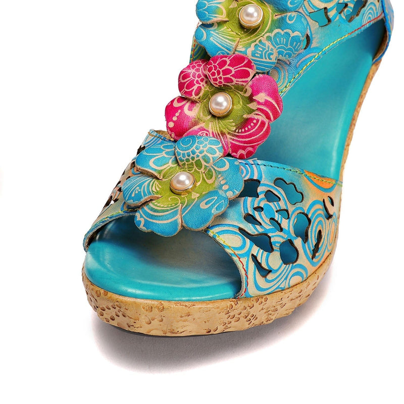 Handmade Peep Toe Hollow High Heel Sandals (Freya) + Floral