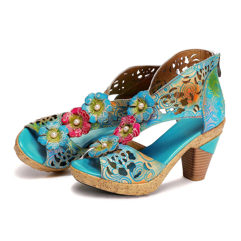 Handmade Peep Toe Hollow High Heel Sandals (Freya) + Floral