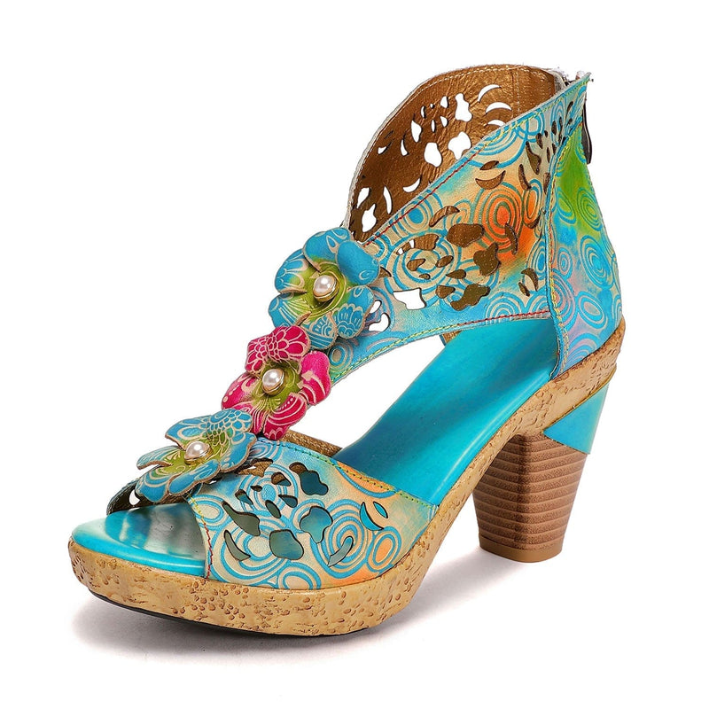 Handmade Peep Toe Hollow High Heel Sandals (Freya) + Floral