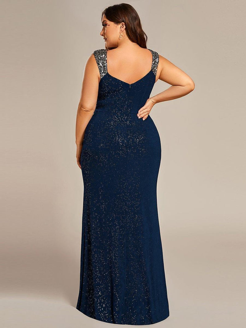 pretty NOIRE|Plus Size Glitter V-Neck High Slit Sequin Shoulder Strap Evening Dress