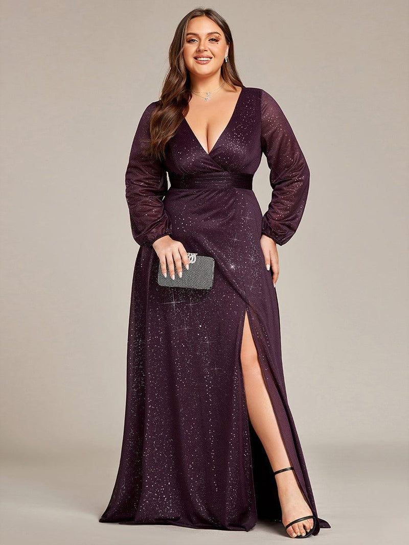 Plus Size V-Neck Shiny Puff Sleeve Evening Dress for Women