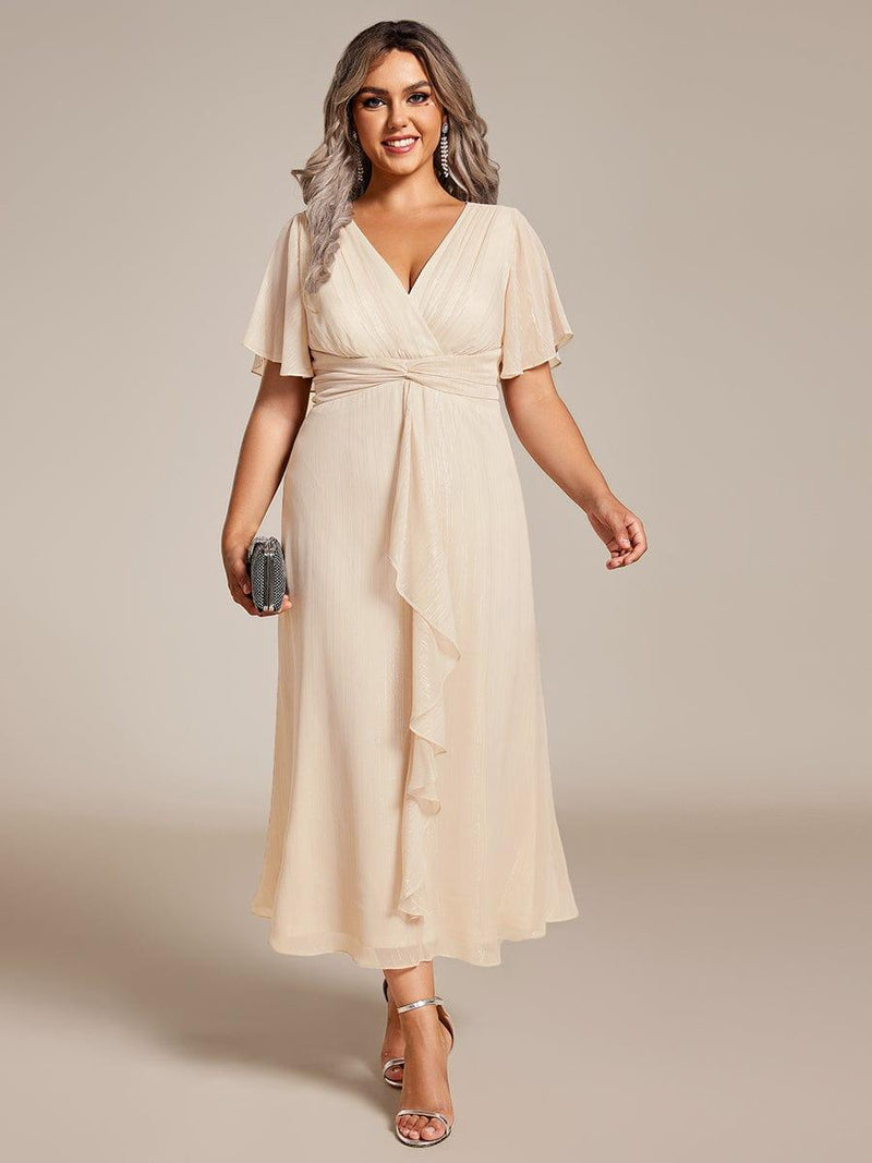 pretty OPAHL|Plus Size Glitter Short Sleeve A-Line Midi Wedding Guest Dress with Ruffled Hem