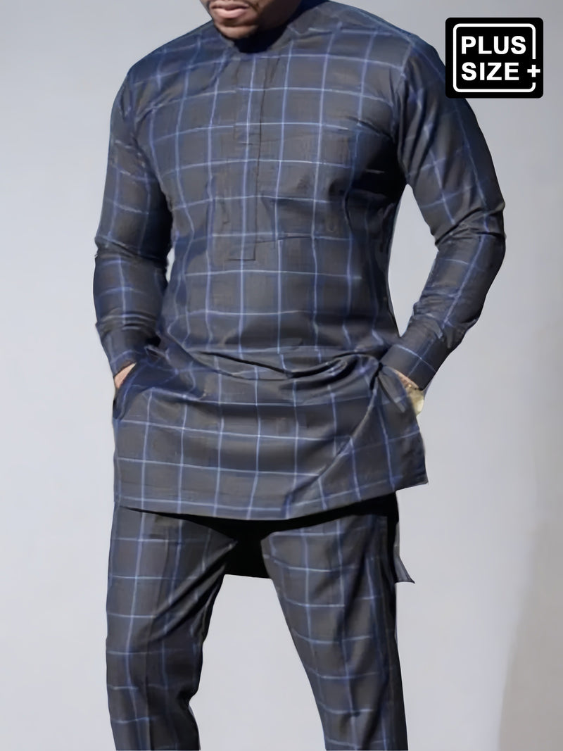 Plus Size Black Plaid Printed Long Sleeve Men's Set