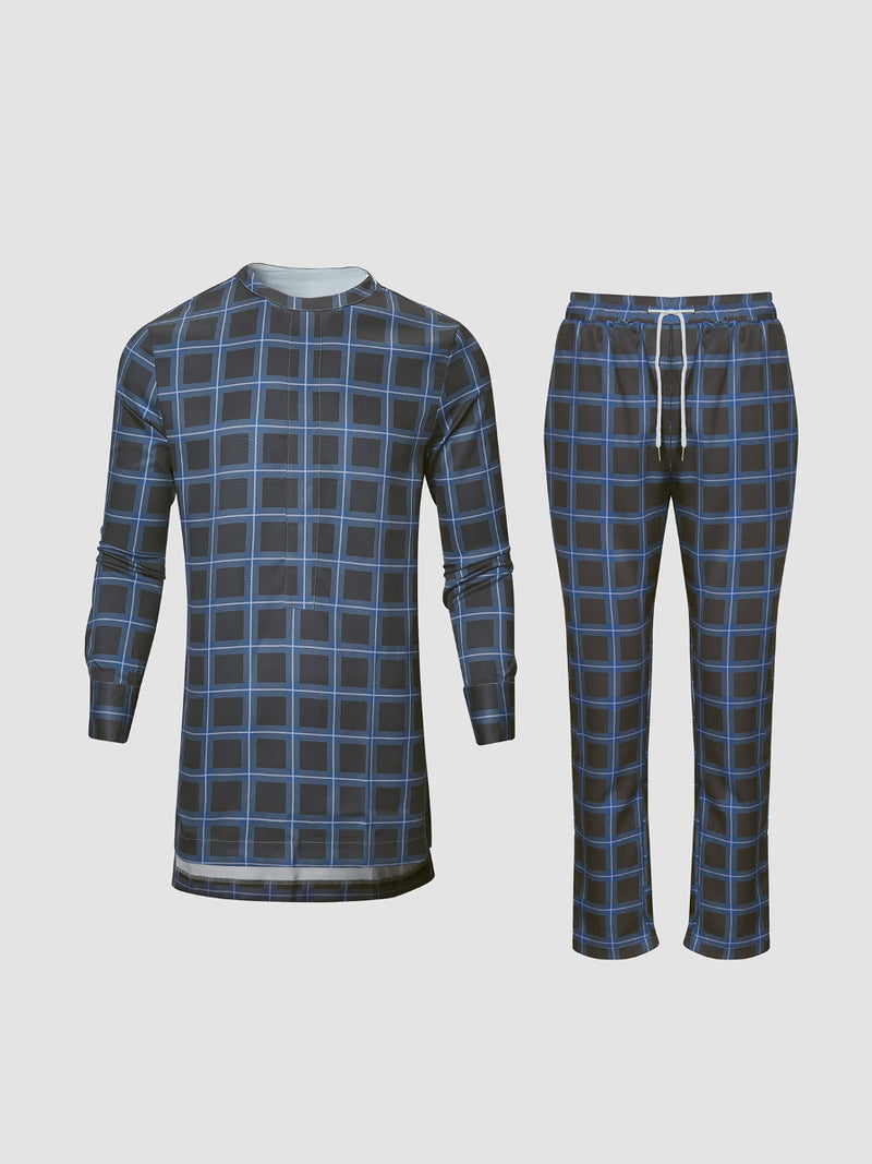 Plus Size Black Plaid Printed Long Sleeve Men's Set