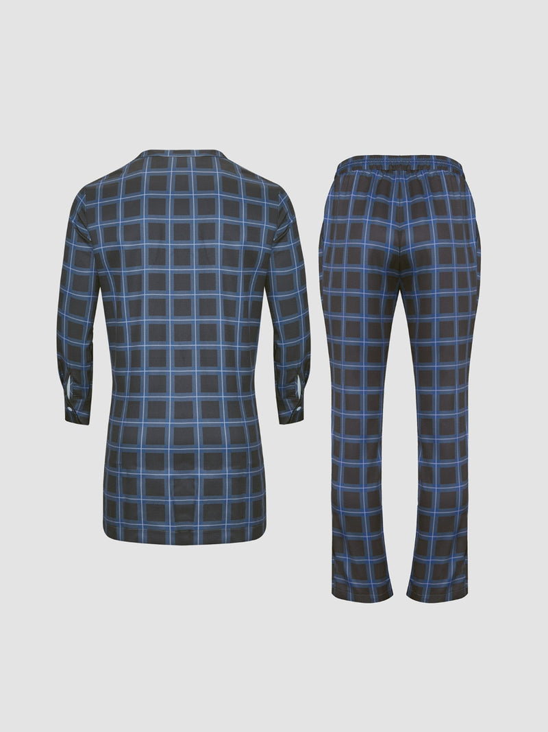 Plus Size Black Plaid Printed Long Sleeve Men's Set