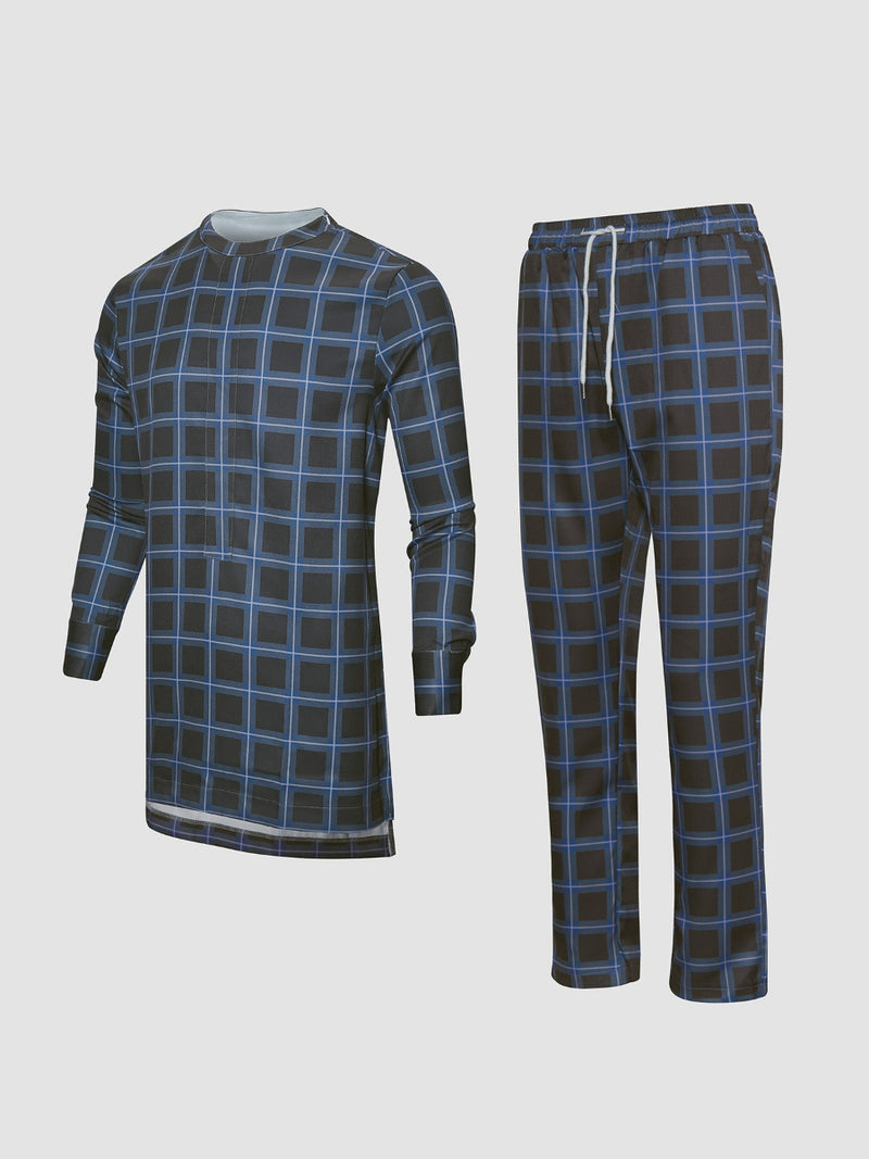 Plus Size Black Plaid Printed Long Sleeve Men's Set