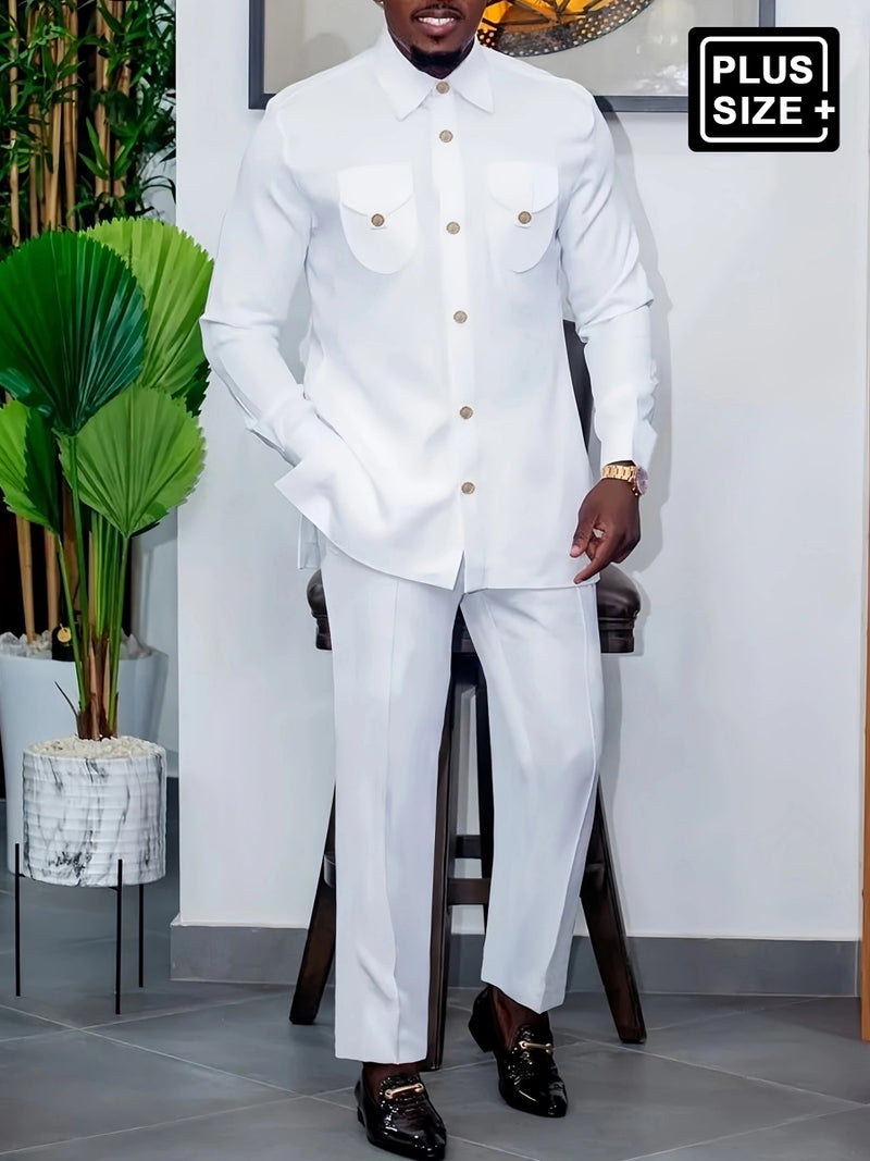 Plus Size Minimalist Long Sleeve Button Men's Set