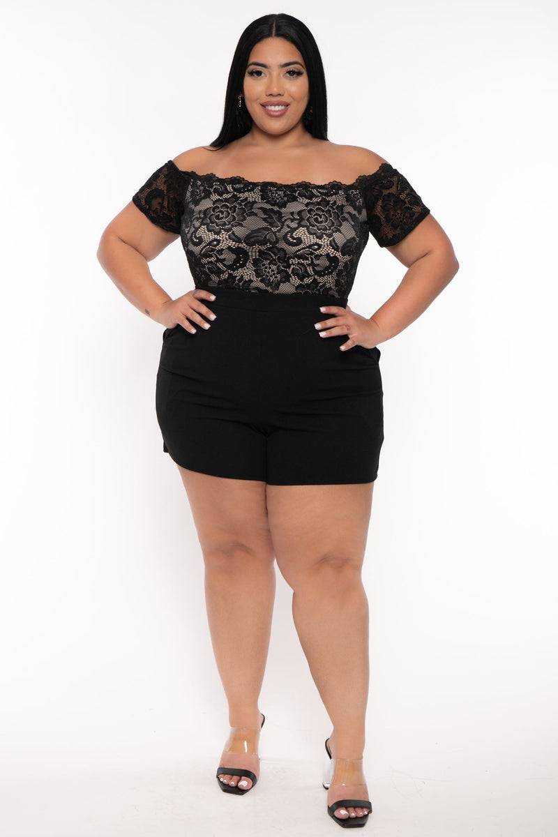 Plus Size Minnie Lace Top Romper - Black