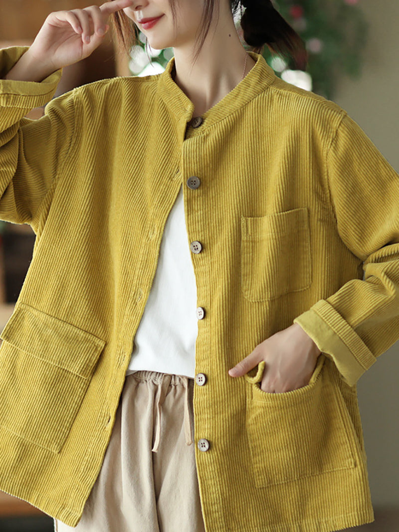 Plus Size Women Solid Vintage Cotton Corduroy Coat