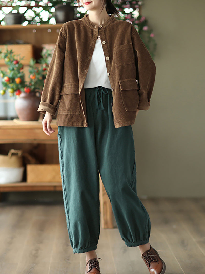 Plus Size Women Solid Vintage Cotton Corduroy Coat
