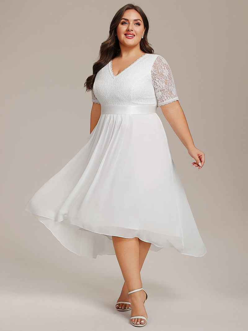 pretty JOLEN|Plus Size Half Sleeve Lace Pleated V-Neck Midi Wedding Guest Dress