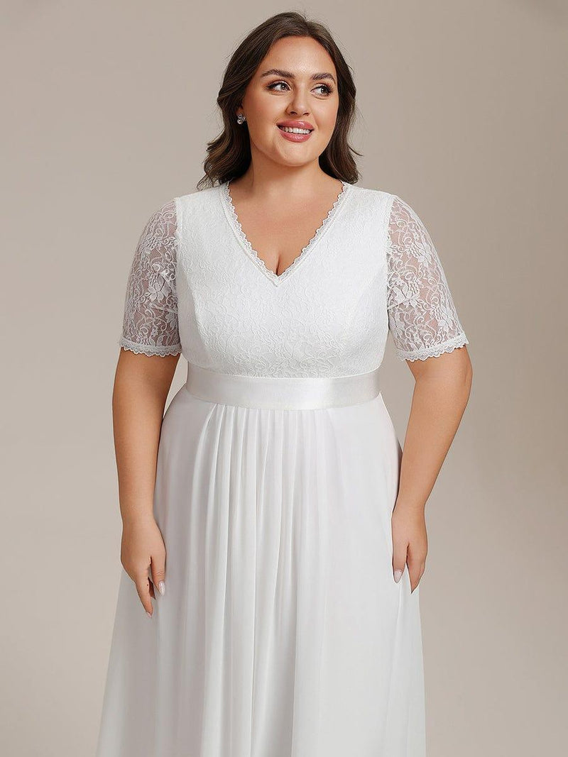 pretty JOLEN|Plus Size Half Sleeve Lace Pleated V-Neck Midi Wedding Guest Dress