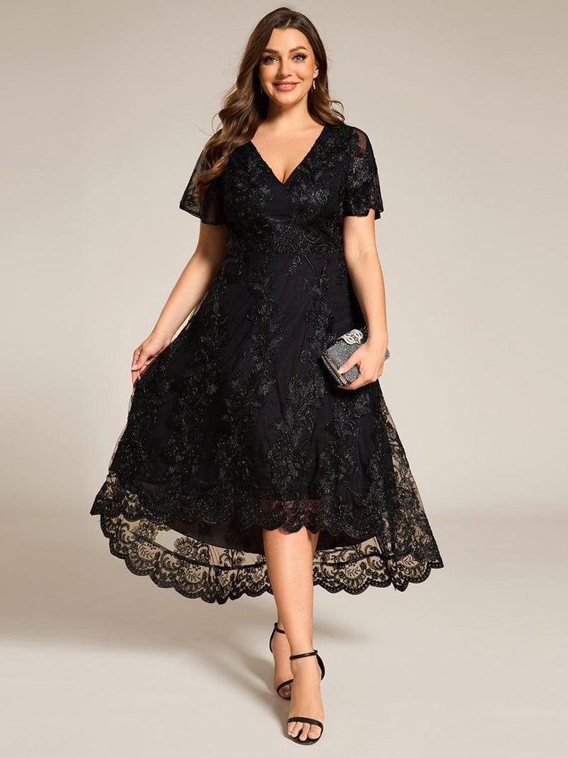 pretty TIDAL|Plus Size Embroidered Mesh High-Low Midi Wedding Guest Dress with Short Sleeves