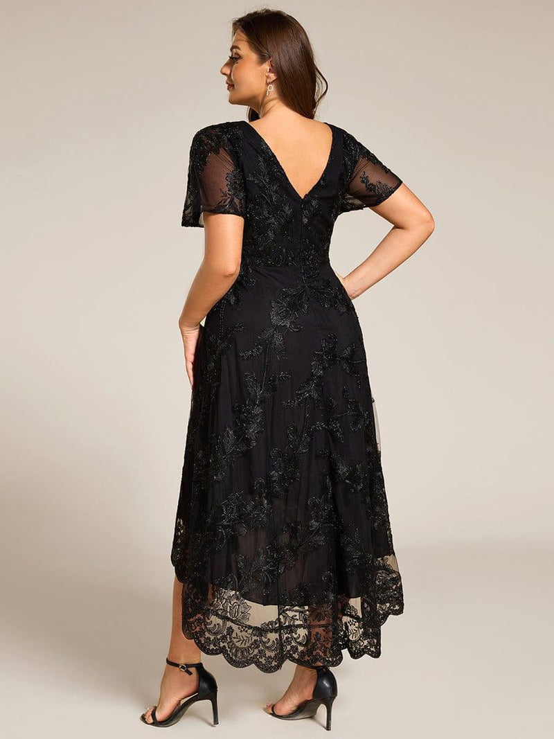 pretty TIDAL|Plus Size Embroidered Mesh High-Low Midi Wedding Guest Dress with Short Sleeves