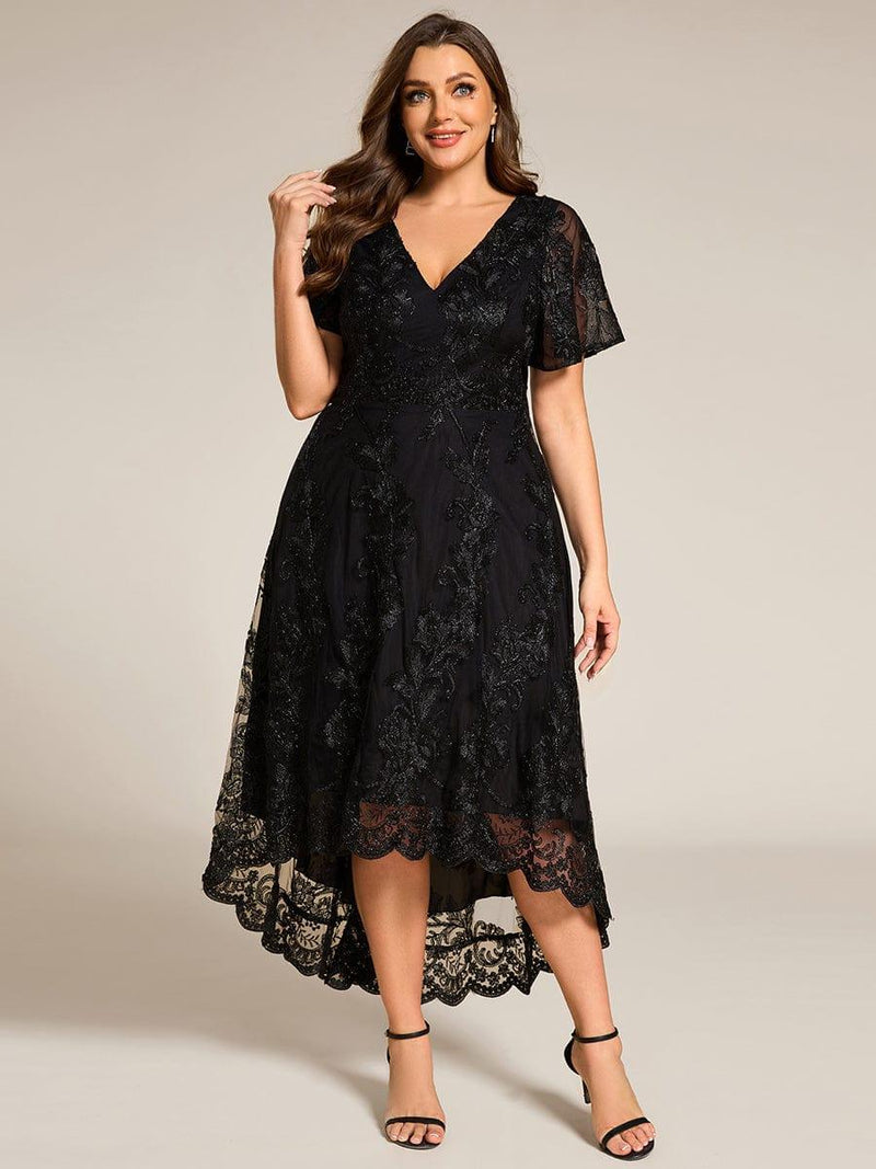 pretty TIDAL|Plus Size Embroidered Mesh High-Low Midi Wedding Guest Dress with Short Sleeves