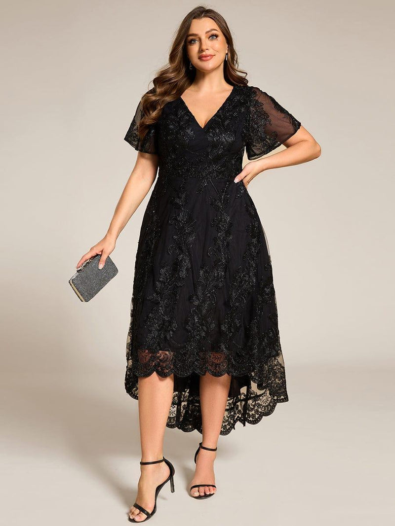 pretty TIDAL|Plus Size Embroidered Mesh High-Low Midi Wedding Guest Dress with Short Sleeves