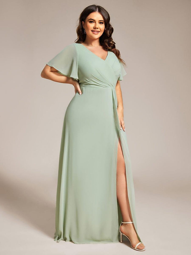 pretty LINDEN|Plus Size A-Line Ruffle Sleeves High Slit Chiffon Bridesmaid Dress