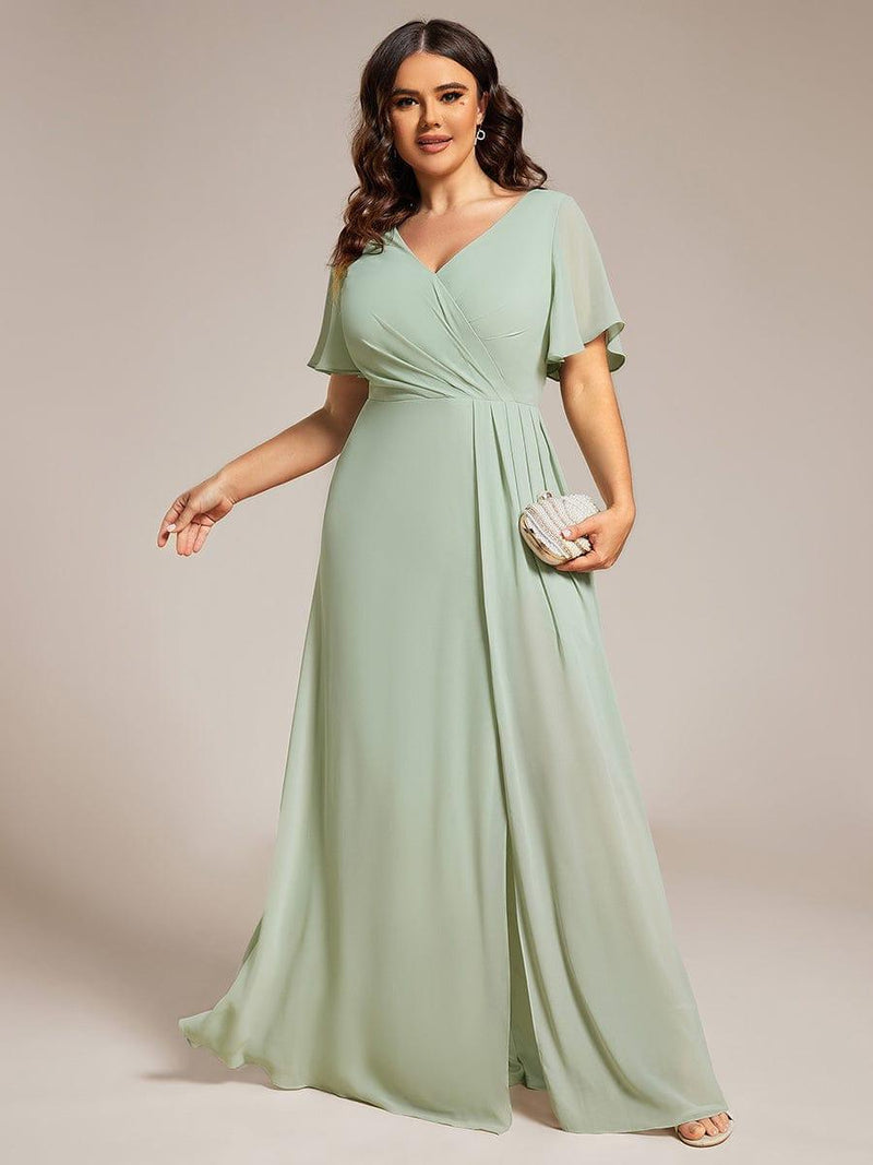 pretty LINDEN|Plus Size A-Line Ruffle Sleeves High Slit Chiffon Bridesmaid Dress