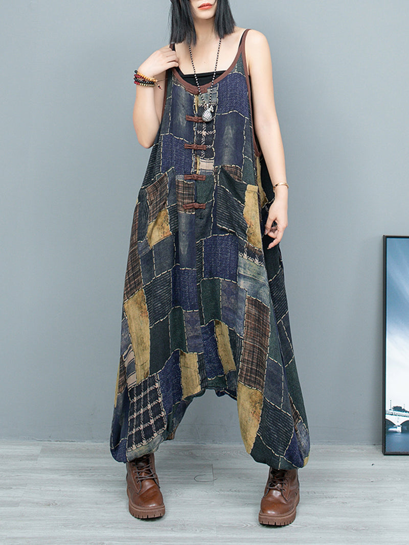 Plus Size Women Spring Vintage Flower Loose Jumpsuits
