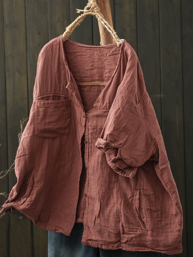 Plus Size Women Summer Worn Pure Color V-Neck Cotton Shirt