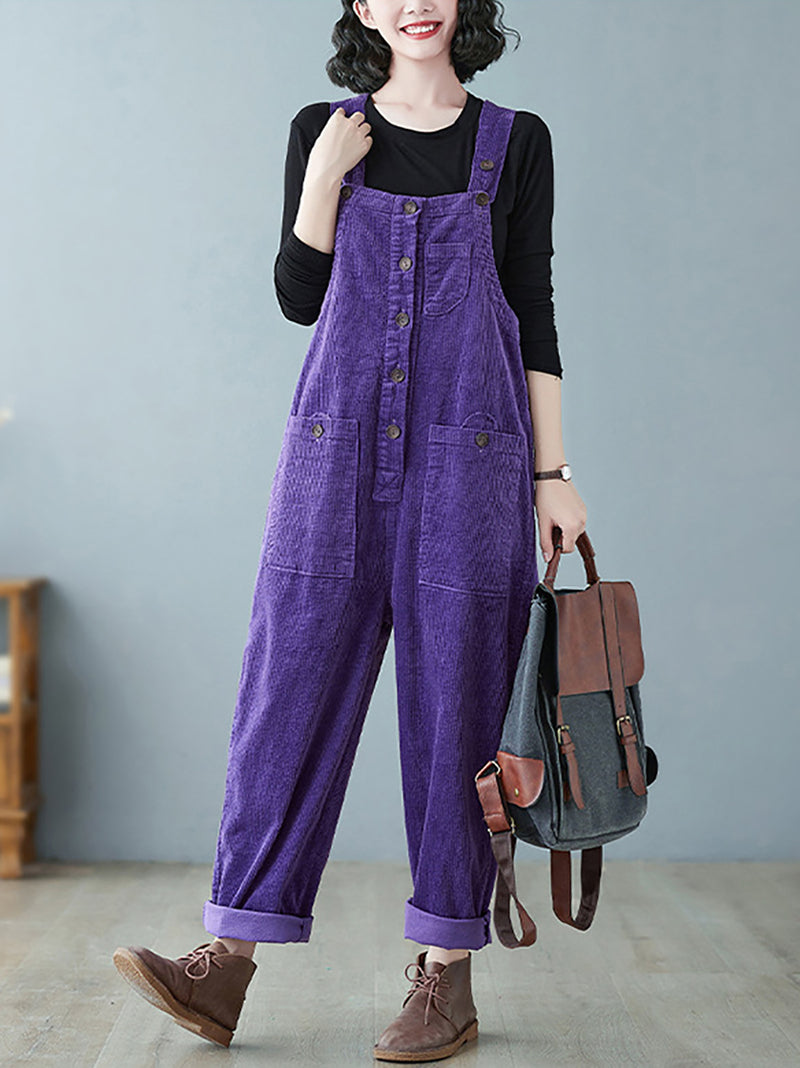 Plus Size Women Vintage Solid Corduroy Jumpsuits