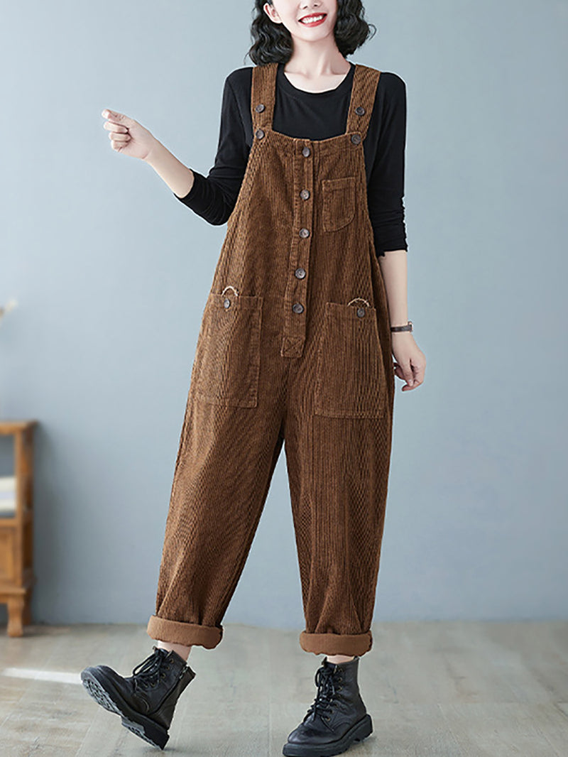 Plus Size Women Vintage Solid Corduroy Jumpsuits