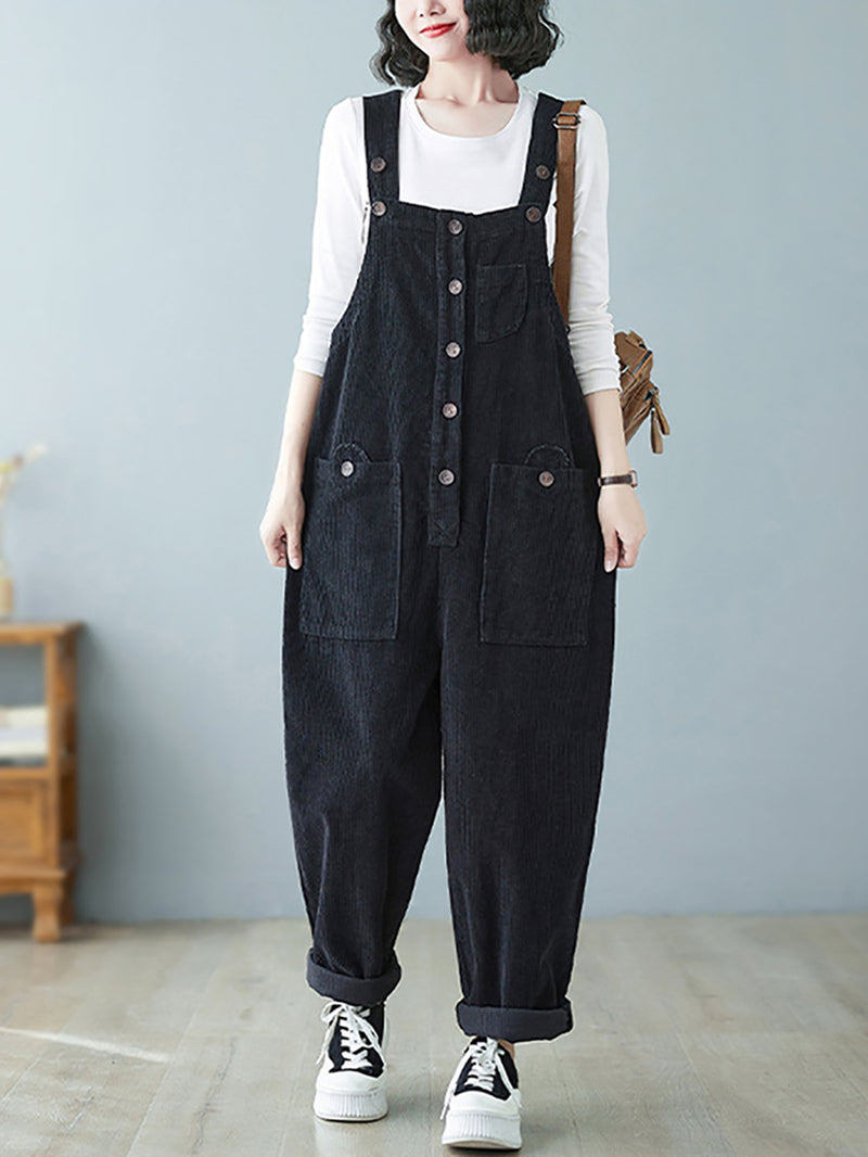 Plus Size Women Vintage Solid Corduroy Jumpsuits