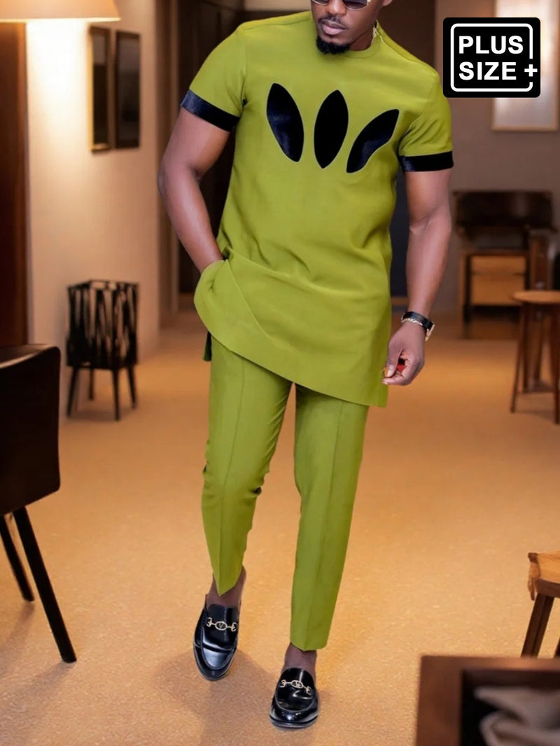 Plus Size Colorblock Short Sleeve Men's Set