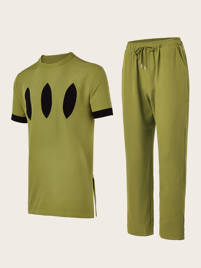 Plus Size Colorblock Short Sleeve Men's Set