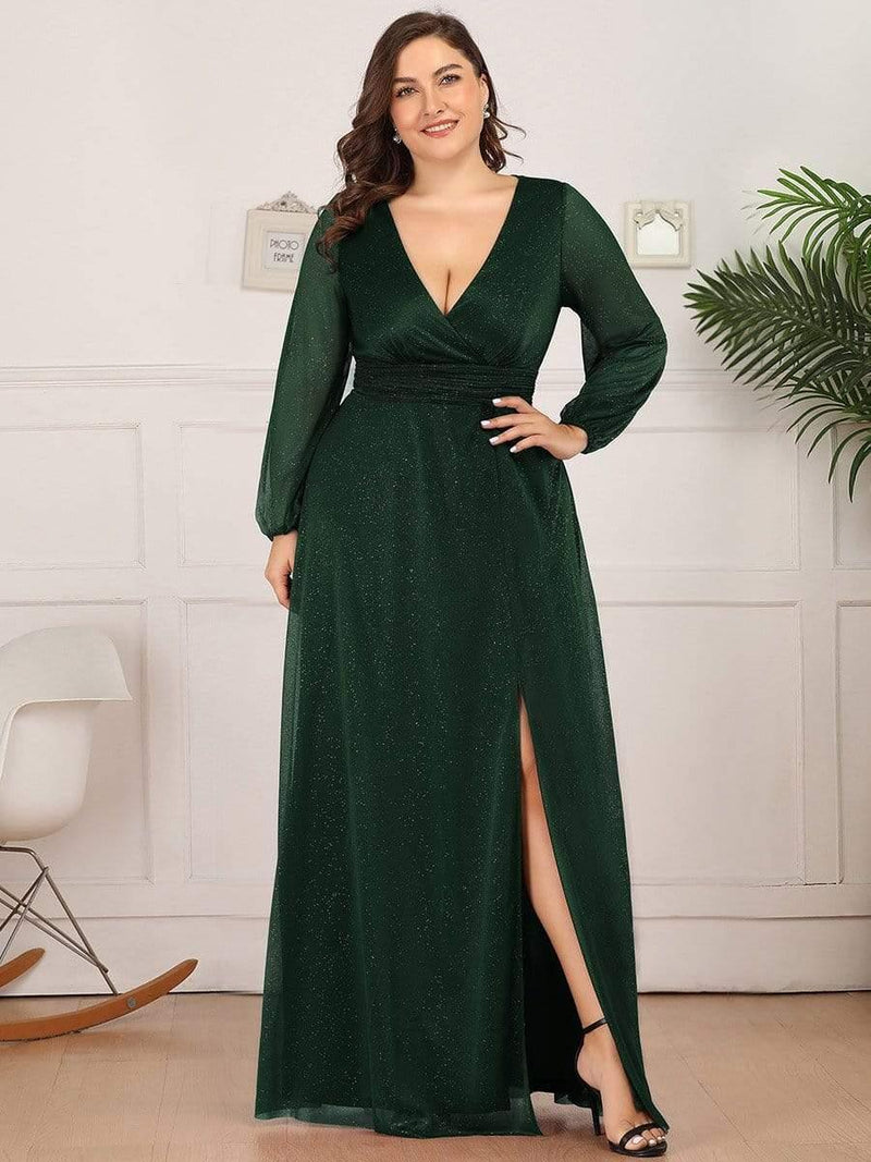 Women's Sexy V-Neck Shiny Plus Size Evening Dresses with Long Sleeve(Final Sale)
