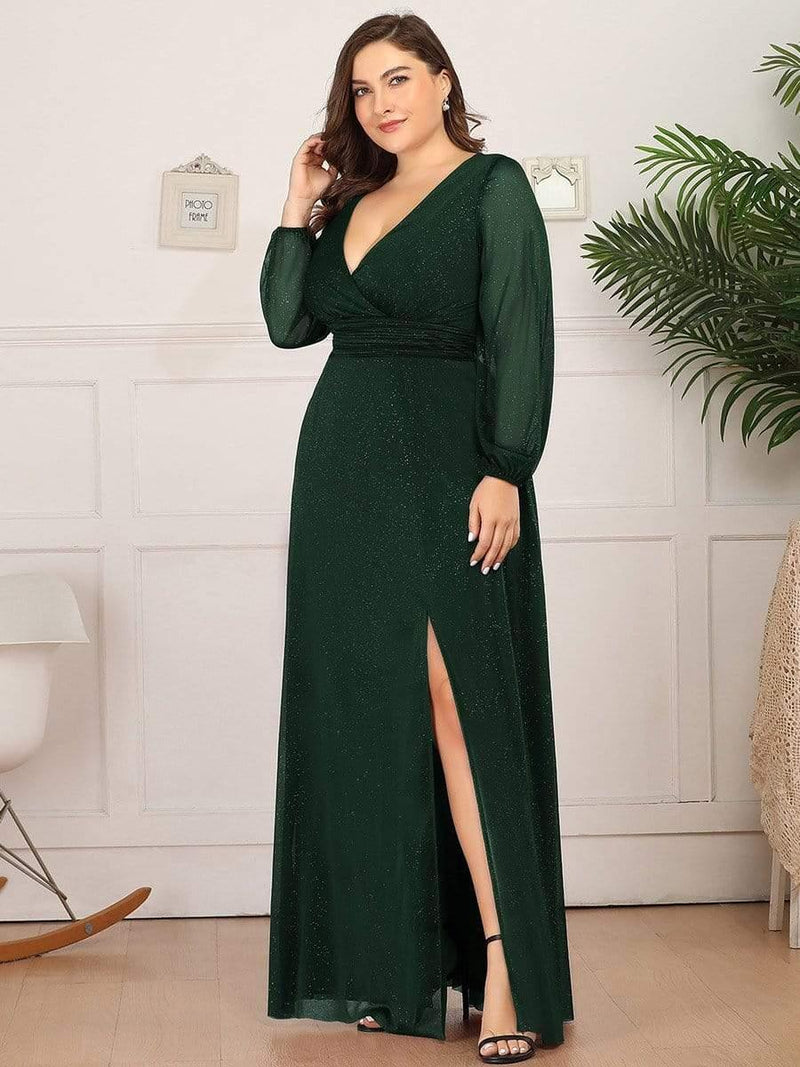 Women's Sexy V-Neck Shiny Plus Size Evening Dresses with Long Sleeve(Final Sale)