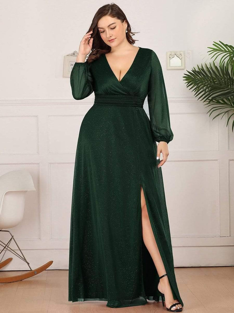 Women's Sexy V-Neck Shiny Plus Size Evening Dresses with Long Sleeve(Final Sale)