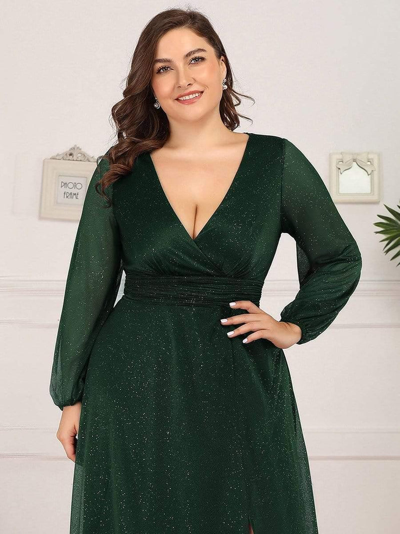 Women's Sexy V-Neck Shiny Plus Size Evening Dresses with Long Sleeve(Final Sale)
