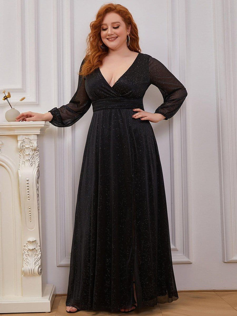 Women's Sexy V-Neck Shiny Plus Size Evening Dresses with Long Sleeve(Final Sale)