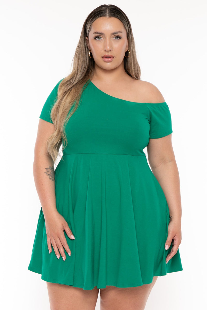Plus Size Allison One Shoulder Flare  Dress - Green