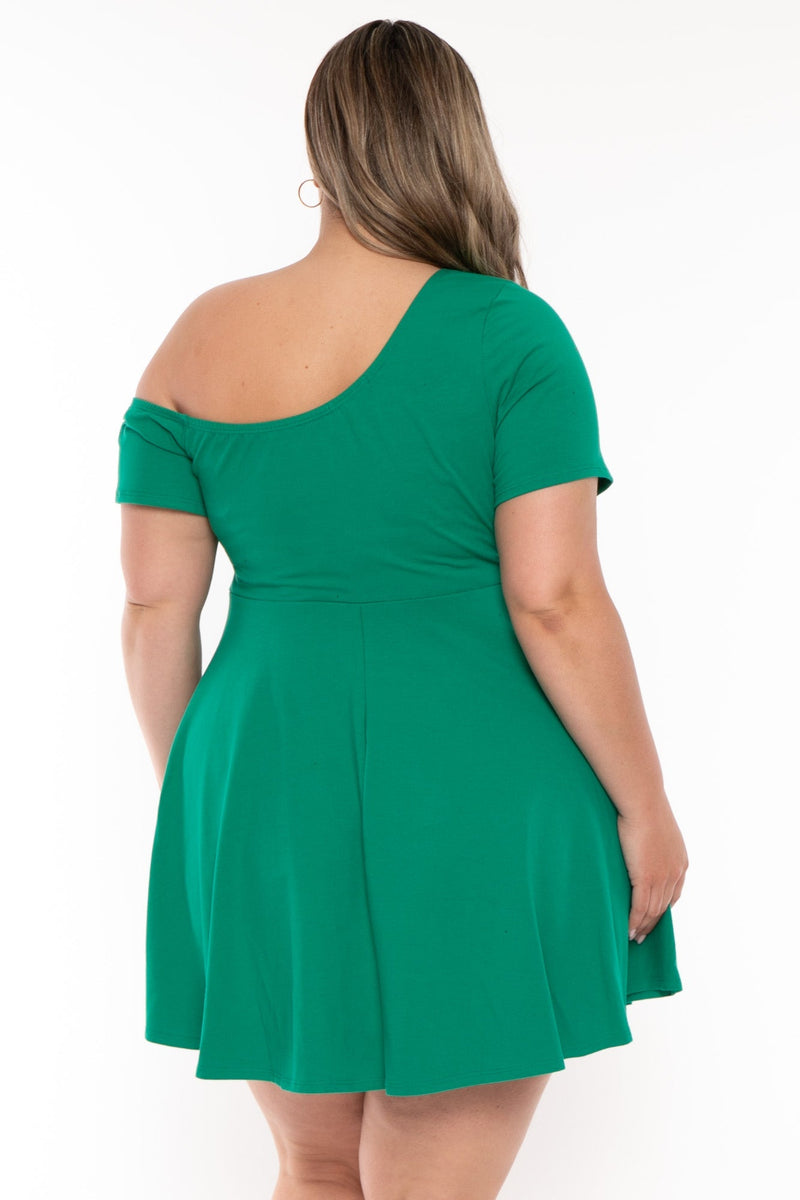 Plus Size Allison One Shoulder Flare  Dress - Green