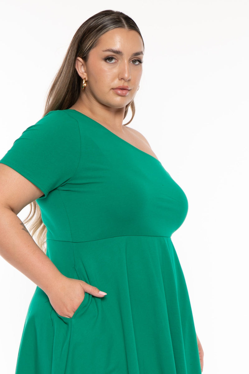 Plus Size Allison One Shoulder Flare  Dress - Green