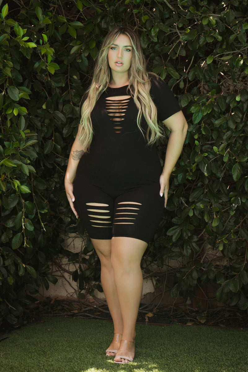 Plus Size Lolita  Distress Romper -Black