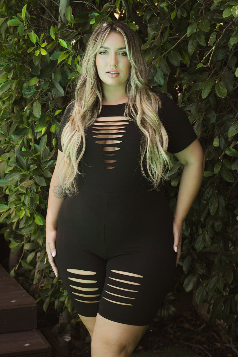 Plus Size Lolita  Distress Romper -Black