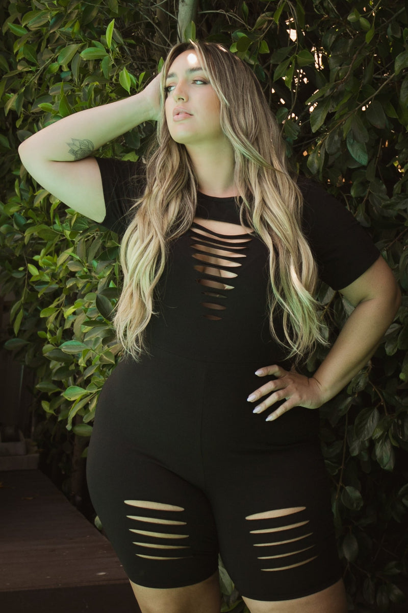 Plus Size Lolita  Distress Romper -Black