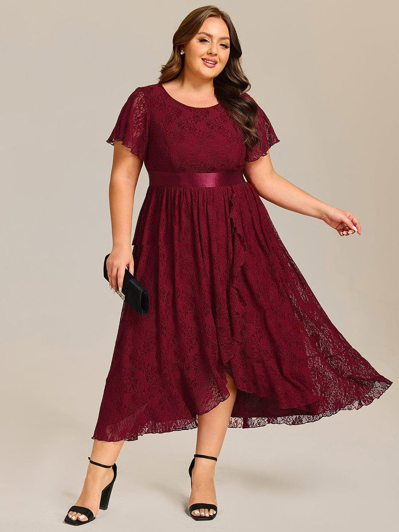 pretty SEVYN|Plus Size Short Sleeve Ruffled Lace Midi Weeding Guest Dress