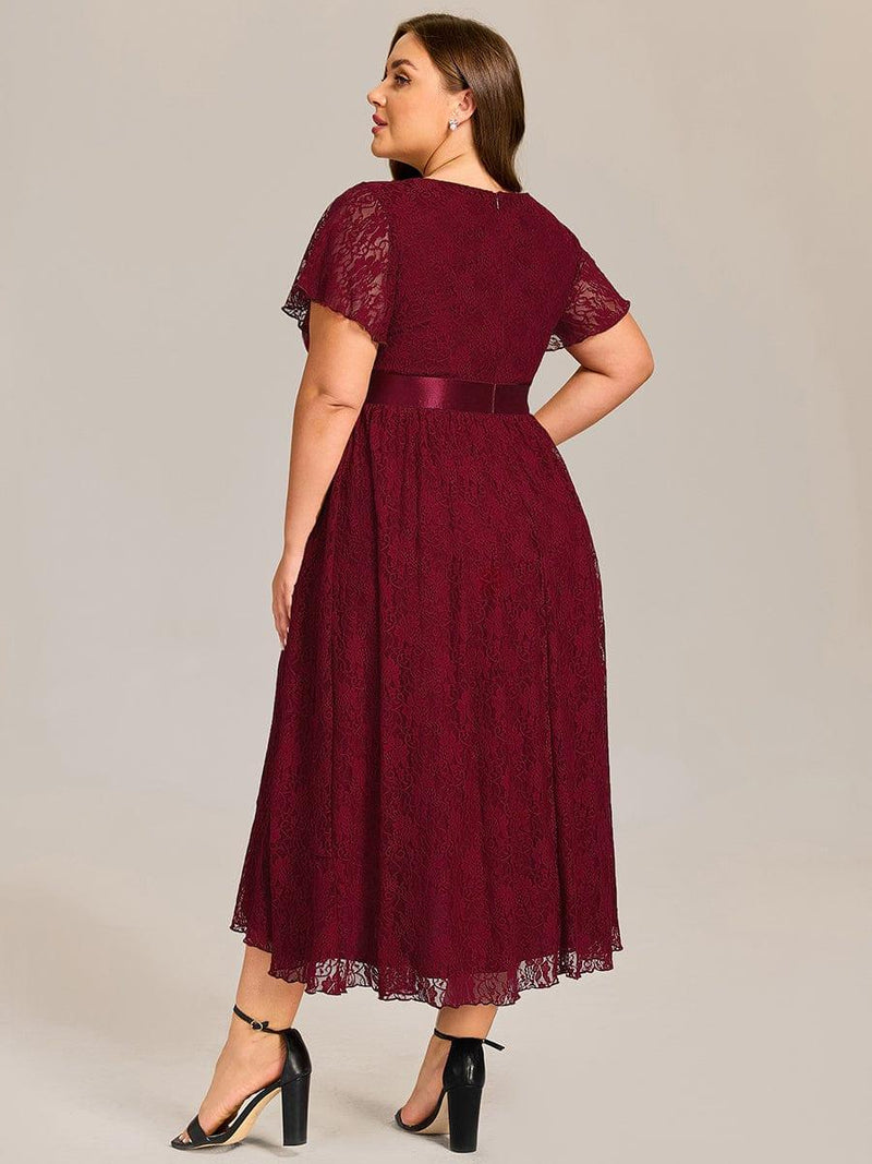 pretty SEVYN|Plus Size Short Sleeve Ruffled Lace Midi Weeding Guest Dress
