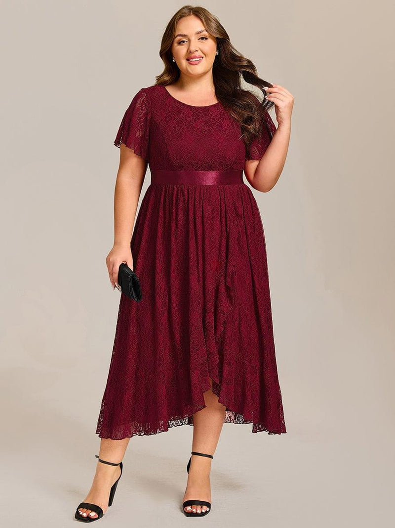 pretty SEVYN|Plus Size Short Sleeve Ruffled Lace Midi Weeding Guest Dress